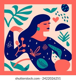 Hand drawn contemporary portrait woman in relaxed pose, Matisse inspired. Abstract flowers and shapes collage. Vector illustration in bold colors and simple forms.