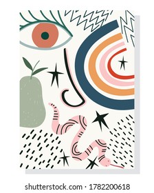 contemporáneo dibujado a mano, varias formas dejan manchas faciales, imagen vectorial de color de collage de impresión de moda