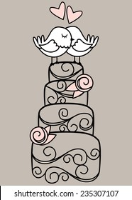Hand Drawn Contemporary Wedding Cake and Love Birds