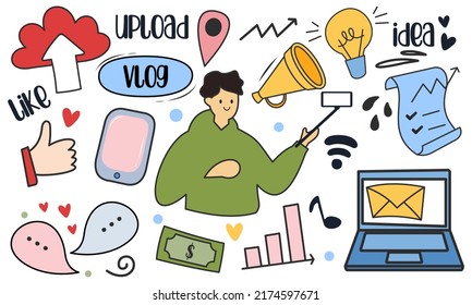 Hand drawn content creator digital marketing vlog doodle vector illustration