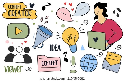 Creador de contenido dibujado por mano marketing digital vlog doodle ilustración vectorial