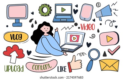 Hand Drawn Content Creator Digital Marketing Vlog Doodle Vector Illustration