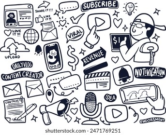 Hand drawn of content creator stickers set in black white style. Multimedia and entertainment concept vector illustration isolated on white background.