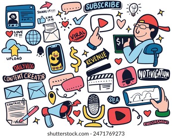 Hand drawn of content creator stickers set in colorful style. Multimedia and entertainment concept vector illustration isolated on white background.