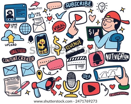 Hand drawn of content creator stickers set in colorful style. Multimedia and entertainment concept vector illustration isolated on white background.