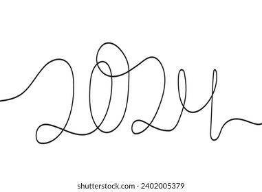 Hand drawn continuous line 2024. Minimal New Year greeting card with calligraphy lettering. Vector letters.