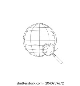 hand drawn continuous line art style globe and magnifying glass illustration icon