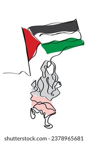 hand drawn continuous line art vector of a Palestinian young child running in the street. war chaos and its traumatic impact on psychological health. 