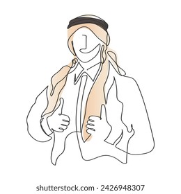 Hand drawn continuous line art of an Arab Man. Arab Man headscarf. Happy man giving thumbs up. Satisfied business man