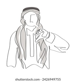 Hand drawn continuous line art of an Arab Man. Arab Man headscarf. Disappointment concept