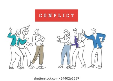 hand drawn Continuous line art vector of conflict between office workers. Conflict in corporate environments.