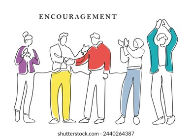 Hand drawn continuous line art vector of a team member being congratulated by the team members. Concept of Encouragement.