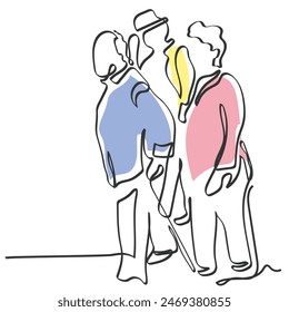 Vector de arte de línea continua dibujado a mano de la caminata de los ancianos. Mínimo doodle del concepto de persona mayor.
