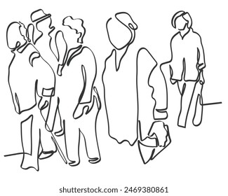Hand drawn continuous line art vector of elderly walking. Minimal doodle of old person concept.