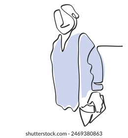 Hand drawn continuous line art vector of elderly walking. Minimal doodle of old person concept.