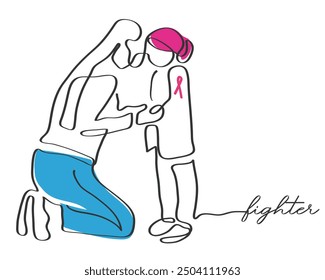 hand drawn continuous line art vector of a healthcare worker empathizing with a strong little soul fighting serious illness. Cancer patients concept. Cancer awareness.