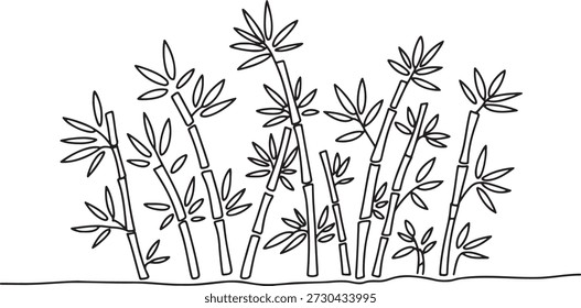 Arte de linha contínua desenhada à mão de talos de bambu com folhas. Ilustração minimalista simples do bosque de bambu no fundo transparente. Natureza, planta, arte oriental.