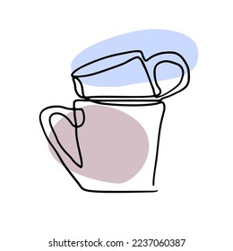 Hand drawn continuous line cup with abstract shapes isolated on white background.