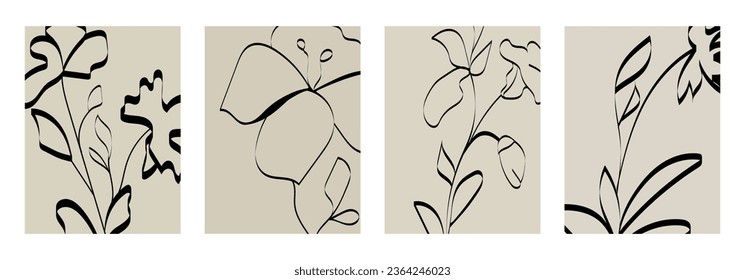 Dibujo manual de líneas continuas de hierbas, flor abstracta, floral. Ilustración vectorial. Carteles de flores abstractas