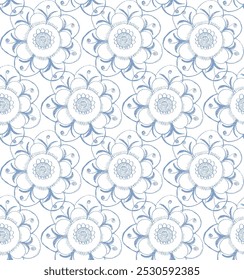 Hand drawn continuous line drawing of abstract flower, floral, tropical flower embroidery, geometrical shapes drawing.  simple 2 colour withe and blue hand embroidery pattern.