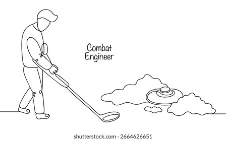 Un dibujo de línea continua dibujado a mano de un zapador. Un militar que realiza reconocimiento, remoción de minas e instalación de estructuras de ingeniería en el campo de batalla. Ilustración vectorial.