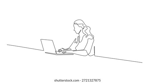 Hand drawn continuous line illustration of a female office worker using a laptop at desk. Minimalist single line style representing remote work, productivity, and modern professional life.