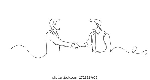 Ilustração de linha contínua desenhada à mão de dois homens apertando as mãos para um acordo de negócios. Estilo minimalista de linha única representando parceria, confiança e cooperação profissional.