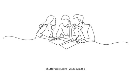 Hand drawn continuous line illustration of a team discussion with two men and one woman. Minimalist single line style representing teamwork, collaboration, and business communication.