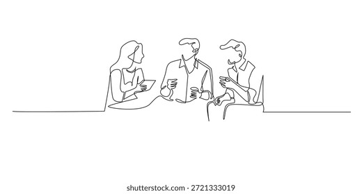 Dibujado a mano ilustración de línea continua de una discusión y reunión de negocios. Estilo minimalista de una sola línea que representa la colaboración, la comunicación y la toma de decisiones profesionales.