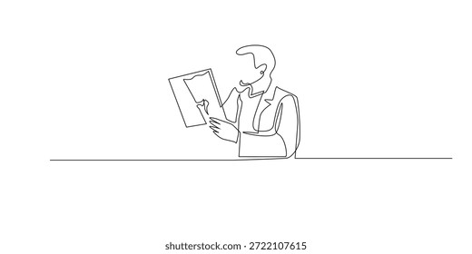 Handgezeichnete durchgehende Liniendarstellung eines Arztes, der ein Röntgenbild untersucht. Minimalistischer Single-Line-Stil für medizinische Diagnose, Gesundheitswesen und professionelle klinische Analyse.