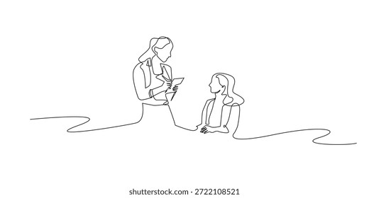 Handgezeichnete durchgehende Linie Illustration einer weiblichen Café-Kellnerin, die eine Kundenbestellung nimmt. Minimalistischer Single-Line-Stil, der Gastfreundschaft, Kundenerfahrung und Café-Lifestyle repräsentiert.
