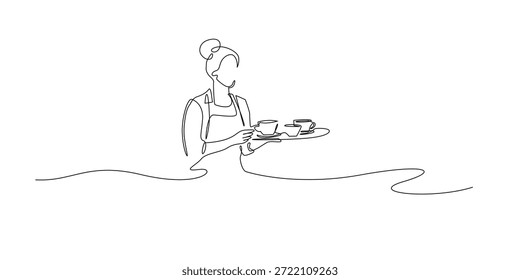Ilustración de línea continua dibujada a mano de una camarera que sirve café a los Clientes. Estilo minimalista de una sola línea que representa el servicio de hospitalidad, la cultura de la cafetería y la experiencia Cliente.