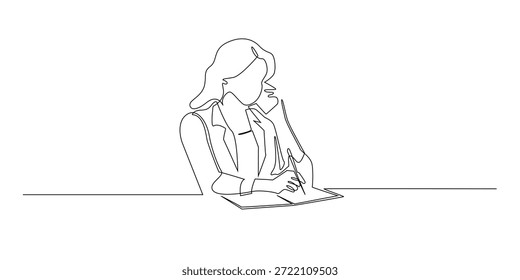 Ilustración de línea continua dibujada a mano de una empresaria enfocada en una llamada telefónica mientras escribe notas. Estilo minimalista de una sola línea que representa la multitarea, la comunicación y la vida laboral profesional.