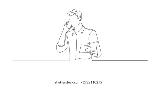 Hand drawn continuous line illustration of a businessman focused on a phone call while reading documents. Minimalist single line style representing communication, analysis, and professional work life.