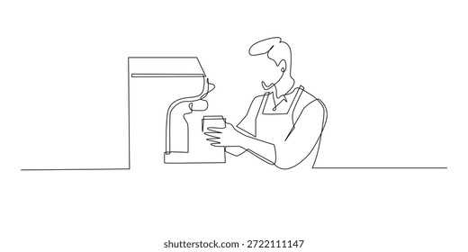 Handgezeichnete durchgehende Liniendarstellung eines männlichen Baristas, der Kaffee mit einer Espressomaschine herstellt. Minimalistischer Single-Line-Stil, der Café-Service, Kaffeezubereitung und Barista-Beruf repräsentiert.