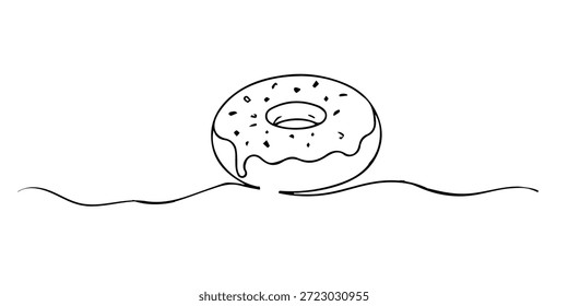 Hand drawn continuous line illustration of a donut pastry. Minimalist single line style representing sweet food, dessert concept, and modern bakery illustration.