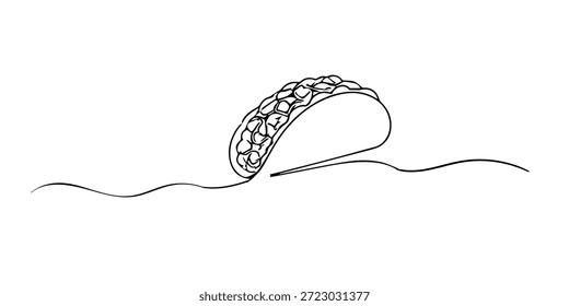 Dibujado a mano ilustración de línea continua de un taco. Estilo minimalista de una sola línea que representa comida callejera, cocina mexicana e ilustración de comida moderna.