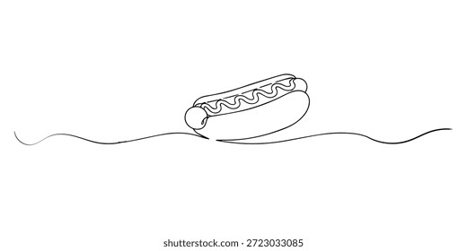 Dibujado a mano línea continua ilustración de un perro caliente. Estilo minimalista de una sola línea que representa la comida rápida, la cultura de la comida callejera y la ilustración de comida moderna.