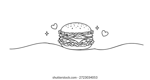 Dibujado a mano línea continua ilustración de una hamburguesa. Estilo minimalista de una sola línea que representa comida rápida, concepto moderno de comida callejera e ilustración de comida simple.