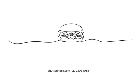 Dibujado a mano línea continua ilustración de una hamburguesa. Estilo minimalista de una sola línea que representa comida rápida, concepto moderno de comida callejera e ilustración de comida simple.