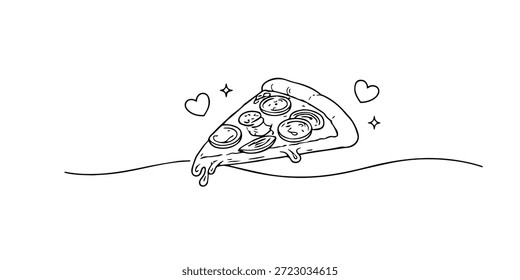 Hand drawn continuous line illustration of a pizza slice. Minimalist single line style representing fast food, Italian cuisine, and modern food illustration.