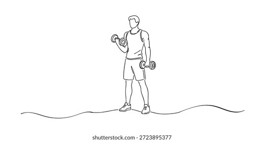 Handgezeichnete durchgehende Liniendarstellung eines Mannes, der mit Hanteln trainiert.
Einzeiliges Artwork für Fitnesstraining, Krafttraining und Fitnesstraining.