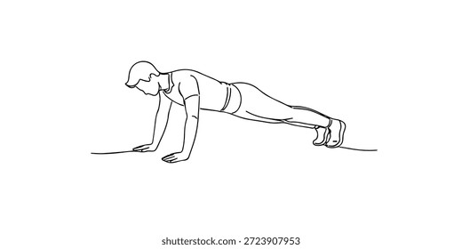 Ilustración de línea continua dibujada a mano de un hombre haciendo ejercicio de flexión.
Ilustraciones de una sola línea creadas para el entrenamiento físico, el ejercicio de peso corporal y los conceptos de rutina de entrenamiento.