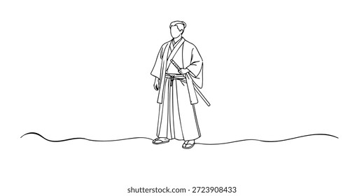 Ilustração de linha contínua desenhada à mão de um homem japonês usando um quimono tradicional e espada.Arte de linha única criada para o patrimônio cultural, identidade histórica e conceitos de tradição japonesa.