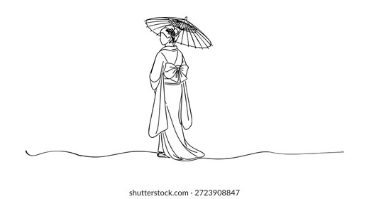 Handgezeichnete durchgehende Linie Illustration einer japanischen Frau, die einen Kimono trägt und einen traditionellen Regenschirm hält.Single Line Kunstwerk für kulturelles Erbe, Eleganz und japanische Traditionskonzepte geschaffen.