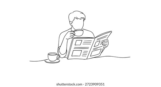 Hand drawn continuous line illustration of a man reading a newspaper while drinking coffee.
Single line artwork created for daily routine, lifestyle, and morning activity concepts.