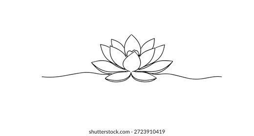 Hand drawn continuous line illustration of a lotus flower. Single line artwork created for nature symbolism, spiritual meaning, and floral decoration concepts.