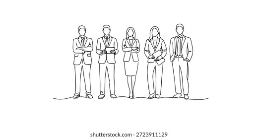 Dibujado a mano ilustración de línea continua de un equipo de negocios de pie juntos. Ilustraciones de una sola línea creadas para el trabajo en equipo corporativo, la identidad profesional y los conceptos de trabajo de oficina.