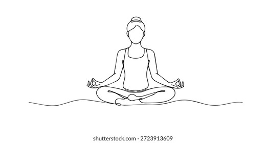 Hand drawn continuous line illustration of a woman sitting in a yoga meditation pose. Single line artwork created for mindfulness practice, relaxation, and healthy lifestyle concepts.
