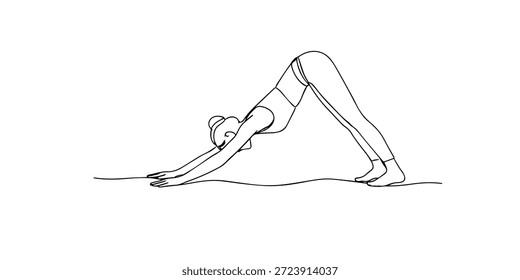 Ilustración de línea continua dibujada a mano de una mujer practicando pose de yoga de perro hacia abajo. Obra de arte de una sola línea creada para el entrenamiento físico, el ejercicio de flexibilidad y los conceptos de estilo de vida de bienestar.